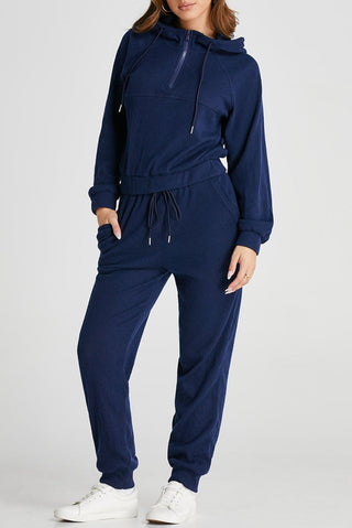 Navy Blue Ribbed Knit Cropped Hoodie and Drawstring Joggers Set - Trendex Fashion#Navy Blue Ribbed Knit Cropped Hoodie and Drawstring Joggers Set