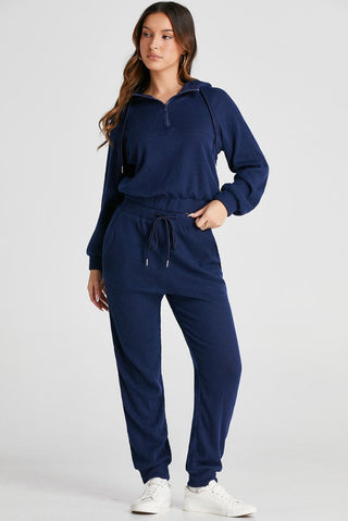 Navy Blue Ribbed Knit Cropped Hoodie and Drawstring Joggers Set - Trendex Fashion#Navy Blue Ribbed Knit Cropped Hoodie and Drawstring Joggers Set