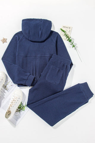 Navy Blue Ribbed Knit Cropped Hoodie and Drawstring Joggers Set - Trendex Fashion#Navy Blue Ribbed Knit Cropped Hoodie and Drawstring Joggers Set