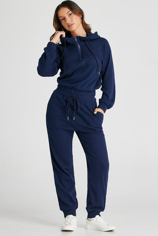 Navy Blue Ribbed Knit Cropped Hoodie and Drawstring Joggers Set - Trendex Fashion#Navy Blue Ribbed Knit Cropped Hoodie and Drawstring Joggers Set