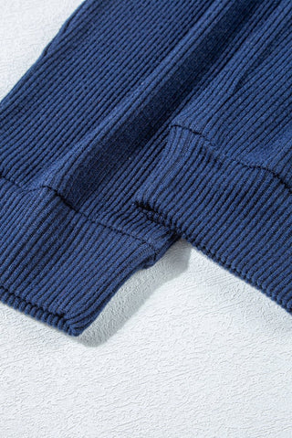 Navy Blue Ribbed Knit Cropped Hoodie and Drawstring Joggers Set - Trendex Fashion#Navy Blue Ribbed Knit Cropped Hoodie and Drawstring Joggers Set