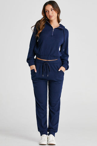 Navy Blue Ribbed Knit Cropped Hoodie and Drawstring Joggers Set - Trendex Fashion#Navy Blue Ribbed Knit Cropped Hoodie and Drawstring Joggers Set