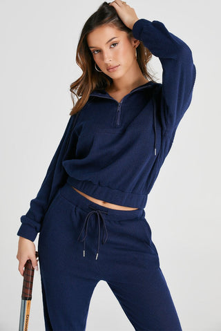 Navy Blue Ribbed Knit Cropped Hoodie and Drawstring Joggers Set - Trendex Fashion#Navy Blue Ribbed Knit Cropped Hoodie and Drawstring Joggers Set