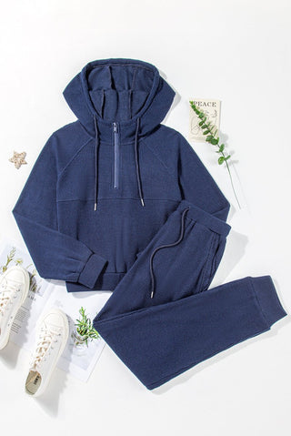 Navy Blue Ribbed Knit Cropped Hoodie and Drawstring Joggers Set - Trendex Fashion#Navy Blue Ribbed Knit Cropped Hoodie and Drawstring Joggers Set